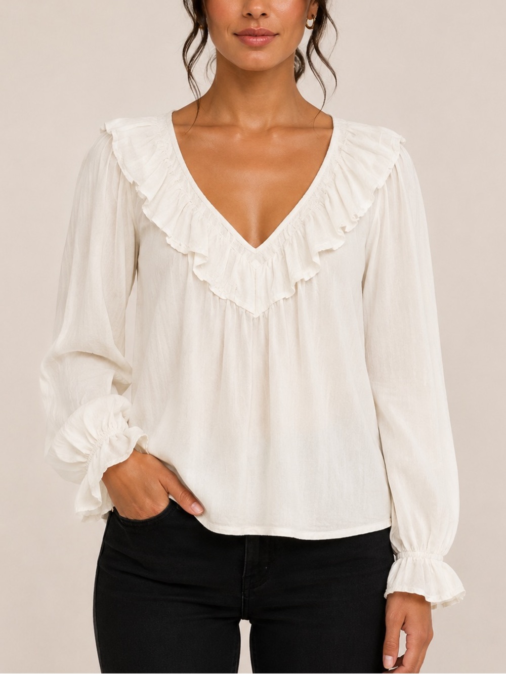 Anthropologie ruffled long sleeve top 100% cotton